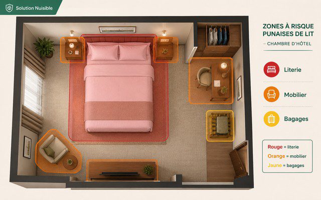 Zones à risque punaises de lit chambre hôtel · literie, mobilier, bagages