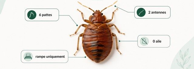Infographie montrant les 6 pattes, les 2 antennes et l’absence d’ailes chez une punaise de lit