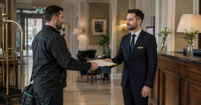 technicien remettant un rapport d ’intervention anti-cafards au responsable d’un hotel technicien remettant un rapport d ’intervention anti-cafards au responsable d’un hotel