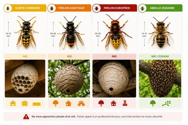 Comment reconnaître une guêpe, un frelon asiatique, un frelon européen ou un essaim d'abeilles grâce à leur apparence et à leur nid Comment reconnaître une guêpe, un frelon asiatique, un frelon européen ou un essaim d'abeilles grâce à leur apparence et à leur nid