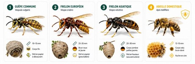 Comparatif de la guêpe commune, du frelon européen, du frelon asiatique et de l’abeille en Essonne.