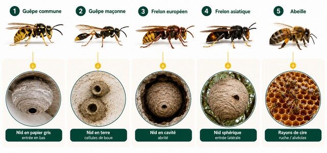 Comparatif des guêpes, frelons et abeilles avec leurs nids pour identifier chaque espèce.
