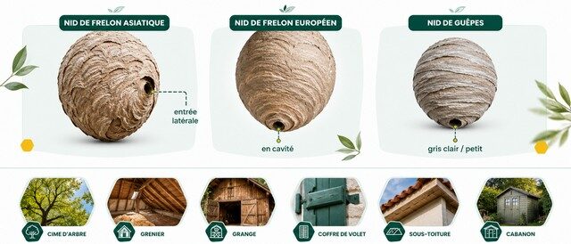 Comparatif des nids de frelons et de guêpes avec leurs principaux emplacements de cachette.
