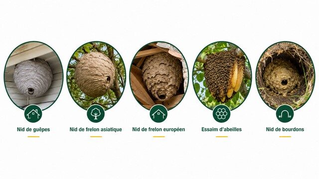 Comparatif des nids de guêpes, frelon asiatique, frelon européen, abeilles et bourdons.