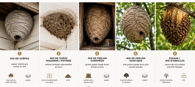 Comparatif réaliste des nids de guêpes, guêpes maçonnes, frelons européens, frelons asiatiques et abeilles.