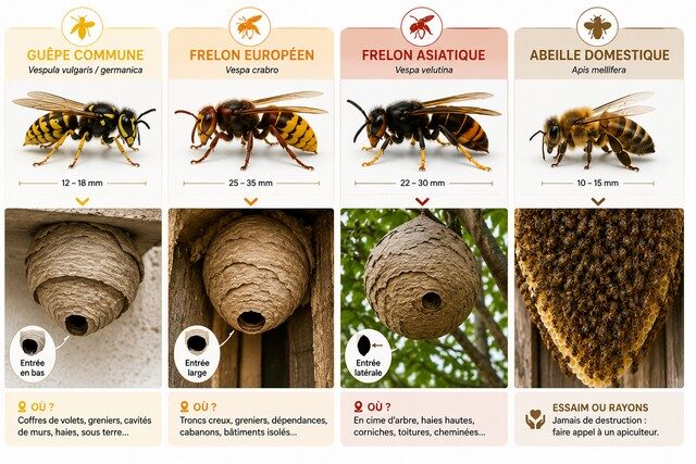 Comparatif visuel de la guêpe commune, du frelon européen, du frelon asiatique et de l’abeille avec leurs nids.