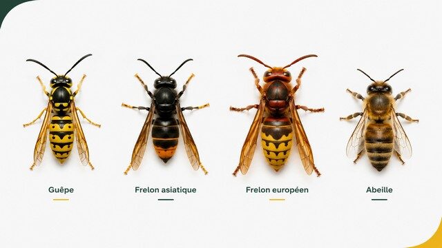 Comparatif visuel de la guêpe, du frelon asiatique, du frelon européen et de l’abeille