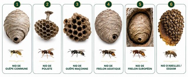 Comparatif visuel des nids de guêpe commune, poliste, guêpe maçonne, frelon asiatique, frelon européen et abeilles.