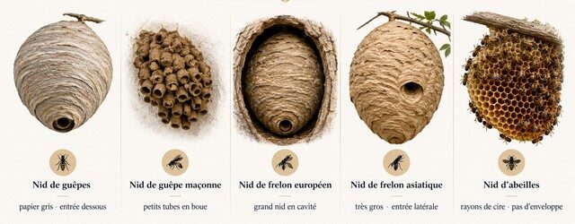 Comparatif visuel des nids de guêpes, guêpes maçonnes, frelons européens, frelons asiatiques et abeilles pour différencier chaque type de nid avant destruction ou retrait