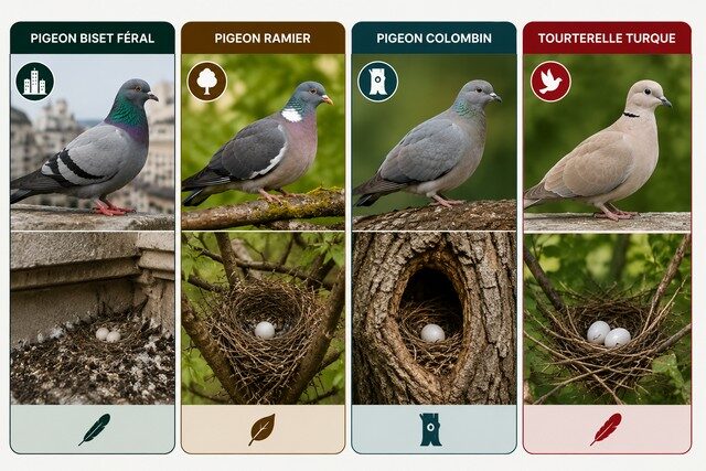 Comparatif visuel du pigeon biset féral, du pigeon ramier, du pigeon colombin et de la tourterelle turque avec leurs nids