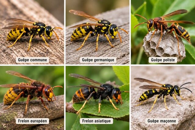 Guêpe commune, guêpe germanique, guêpe poliste, guêpe maçonne, frelon européen et frelon asiatique présentés en gros plan pour faciliter leur identification