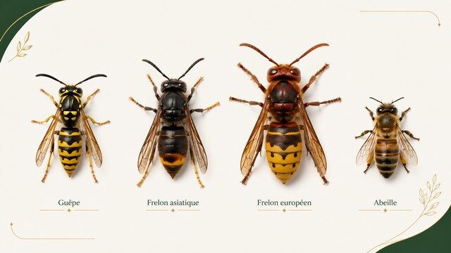 Guêpe, frelon asiatique, frelon européen et abeille présentés côte à côte pour faciliter leur identification.