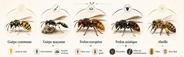 Guêpe, guêpe maçonne, frelon européen, frelon asiatique et abeille à reconnaître à Toulouse.