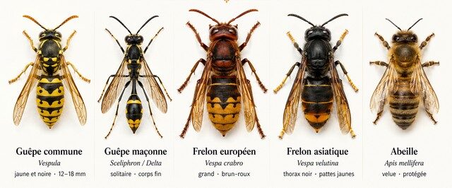 Guide visuel pour identifier une guêpe commune, une guêpe maçonne, un frelon européen, un frelon asiatique et une abeille afin de reconnaître l’espèce avant intervention