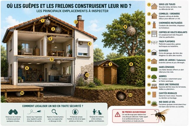 Infographie des principaux emplacements où les guêpes et les frelons construisent leur nid dans une maison, un jardin et leurs dépendances Infographie des principaux emplacements où les guêpes et les frelons construisent leur nid dans une maison, un jardin et leurs dépendances