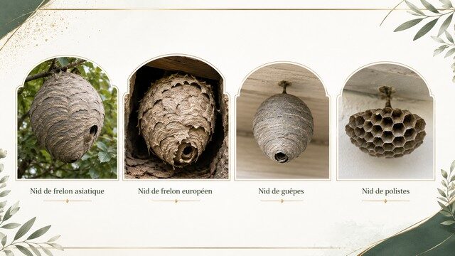 Nids de frelon asiatique, frelon européen, guêpes et polistes comparés selon leur forme.