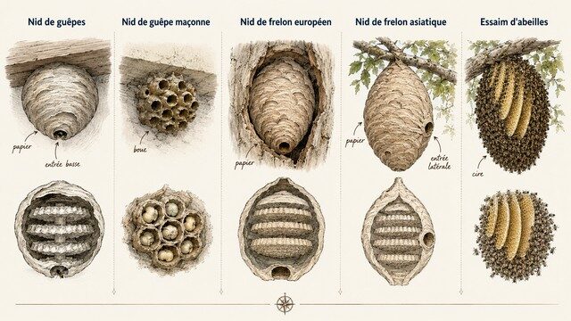 Nids de guêpes, guêpes maçonnes, frelons européens, frelons asiatiques et abeilles comparés visuellement.