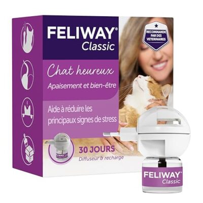FELIWAY Classic 30 Jours - Kit Complet avec Diffuseur de Phéromones Apaisantes pour Chats + Recharge 48 ml - Aide à Réduire les Principaux Signes de Stress chez les Chats et les Chatons