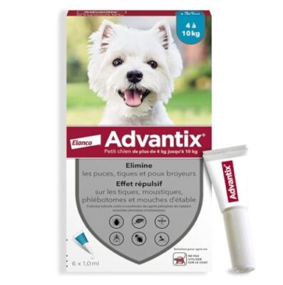Advantix Pipettes contre 6 parasites, pour chien entre 4 et 10 kg, dure 4 semaines (Lot de 4 ou 6)