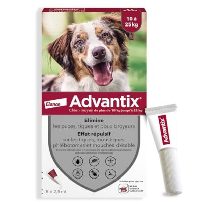 Advantix Chien Moyen entre 10 et 25 kg – Pipettes pour chien contre 6 parasites – Traitement et protection pour votre chien pendant 4 semaines – 6 x 2,5 ml
