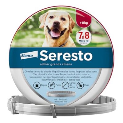 Seresto Collier Grands Chiens – Collier anti puces et anti tiques pour grands chiens de plus de 8 kg – Collier Seresto pour chien 7 à 8 mois de protection, réduit le risque de leishmaniose – Gris