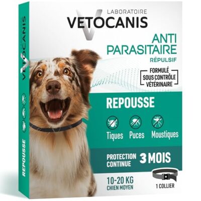 Vetocanis, Collier Anti Puces pour Chien, Répulsif Puces, Tiques, Moustiques, Protection 3 mois, Antiparasitaire Chien de 10 à 20 kg, Aux Extraits de Margosa et Lavandin