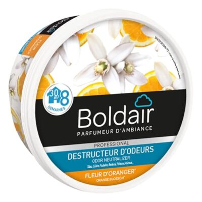 BOLDAIR - Gel destructeur d'odeur Fleur d'Oranger - Neutralise les odeurs - parfume - Produit gel solide - Multi application - durée 8 semaines - 300g - Fabrication française