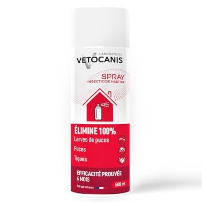 VETOCANIS Spray Anti-Puces et Anti-Acariens pour la maison. Traite 140 m2. Elimine les Puces Adultes et les Œufs dans l'Environnement de votre Chien et Chat. Lot de 2