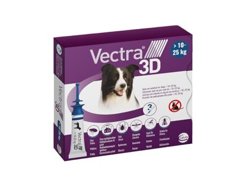 VECTRA Pesticide 3D pour chien - 3 pipettes anti-puces, tiques et moustiques pour chien 10/25 kg - Protège contre les puces, tiques, phlébotomes et mouches