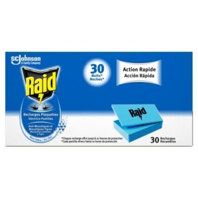 Raid recharges plaquettes sans odeur pour diffuseur électrique – 4 x 30 unités – anti-moustiques et moustiques tigres