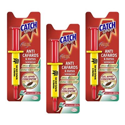 Catch gel anti-cafards 10 g – lot de 3 seringues insecticide puissant, élimination efficace des cafards et blattes, usage intérieur professionnel et domestique