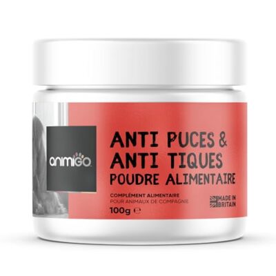 Poudre Anti Puces et Anti Tiques pour Chat Chien 100g - Saveur Poulet - Source de Vitamines & Minéraux, Repousse Parasites & Insectes, Combat Les Mauvaises Odeurs - Formule Pratique et sûr