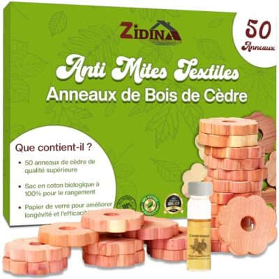 Zidina Anti Mites Textiles - Pack de 50 Anneaux pour Vêtements avec Mini Bouteille d'Huile de Bois de Cèdre Incluse de 4,5 ml. Naturel et Efficace Contre les Mites pour Armoires