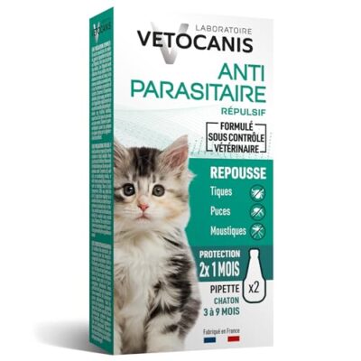 Vetocanis Anti-puces et Anti-Tiques Répulsif Efficace 2 X 1 Mois de Protection pour Chaton, 2 pipettes