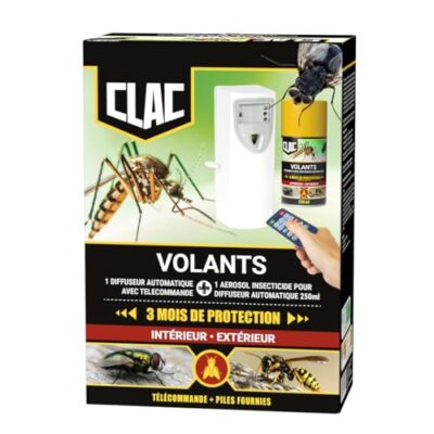 Clac® - Diffuseur Insecticide Automatique Programmable - Télécommande Incluse - Anti-Mouches, Moustiques, moucherons & Insectes Volants - Aérosol Insecticide 250 ml - Protection 24h/24