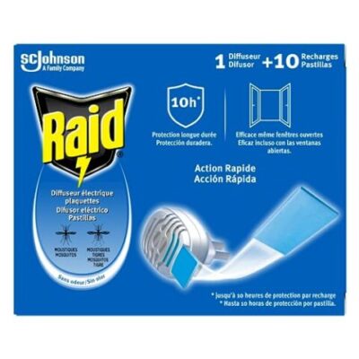 Raid diffuseur électrique à plaquettes sans odeur + 10 Recharges – Protection Anti-Moustiques & Moustiques Tigres jusqu’à 10h par plaquette