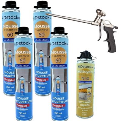 DSTOCK60 - LOT DE 4 MOUSSES PISTOLABLES + 1 PISTOLET + 1 NETTOYANT - MOUSSE EXPANSIVE 750 ML - MOUSSE POLYURÉTHANE PROFESSIONNELLE - ISOLE, COLLE ET REBOUCHE - EXTÉRIEUR ET INTÉRIEUR
