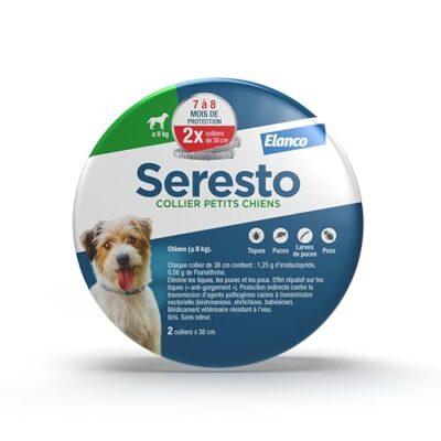 Seresto Collier Petits Chiens – 2 Protections anti puces et anti tiques pour petits chiens de moins de 8kg – Collier Seresto pour chien 7 à 8 mois de protection, réduit le risque de leishmaniose –Gris