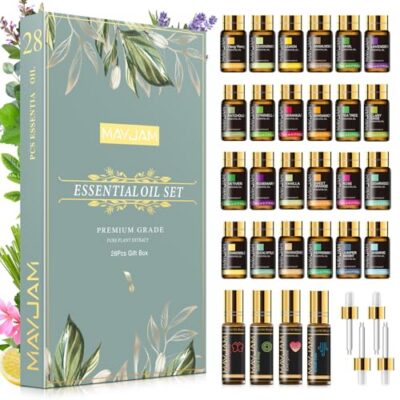 MAYJAM Coffret Huiles Essentielles 28pcs - Coffret Cadeau pour Humidificateur, Diffuseur, DIY, Maison, 24 Huiles Essentielles à L'unité + 4 Mélanges Huiles Essentielles