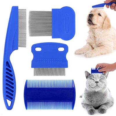 Molain Set de peignes anti puces pour chats et chiens, 4 pièces, peigne de toilettage pour animaux outil d'épilation, peigne, pour chiots et chatons multifonctionnel