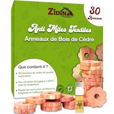 Zidina Anti Mites Textiles - Pack de 30 Anneaux pour Vêtements avec Mini Bouteille d'Huile de Bois de Cèdre Incluse de 4,5 ML. Naturel et Efficace Contre Les Mites pour Armoires