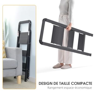 KINGRACK Escabeau, 3 marches, escabeau Pliant avec Main Courante, escabeau de Maison antidérapant avec mécanisme Anti-Pliage, Tabouret de Marche en Aluminium, Charge maximale 150 kg, Noir