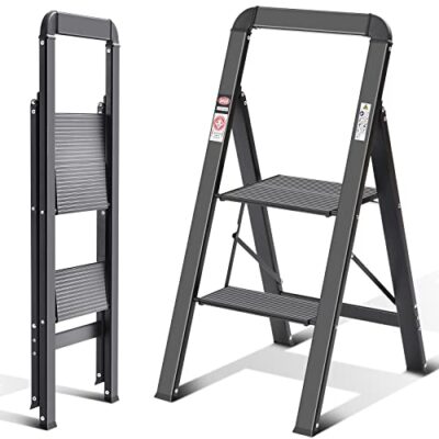 KINGRACK Escabeau Pliant 2 Marches avec Main Courante – Escabeau Aluminium Antidérapant, Sécurité Pliante, Charge 150 kg, pour Maison, Noir