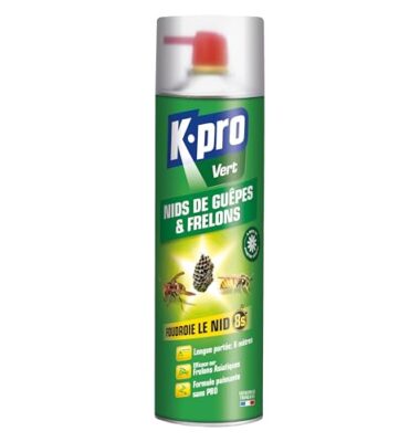 K.PRO VERT aérosol foudroyant anti-guêpes et frelons 500 ml – action immédiate sur les nids, diffusion longue portée jusqu’à 6 m, à base de pyrèthre végétal
