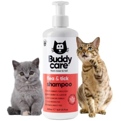 Buddycare | Flea & Tick Shampooing pour Chats - Élimine Les puces, Les tiques et Les acariens - Shampooing nettoyant en Profondeur pour Chiens, Tea Tree & Eucalyptus Flea, 500 ML