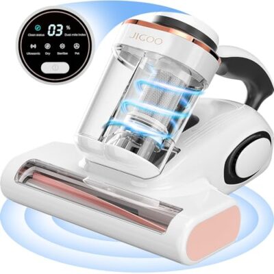 JIGOO Aspirateur Anti Acariens pour Matelas avec Lumière UV, 700W 15kpa Punaise de Lit élimine 99,9%, Affichage LED, 72dB Design Silencieux sans Bruit