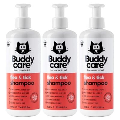 Buddycare | Flea & Tick Shampooing pour Chats - Élimine Les puces, Les tiques et Les acariens - Shampooing nettoyant en Profondeur pour Chiens, Tea Tree & Eucalyptus Flea, 500 ML x3