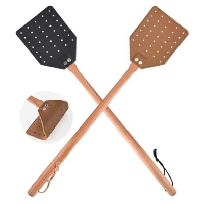 2 pièces de tapette à mouches en cuir, tapette à mouches stable avec manche en bois, exterminateur d'insectes pour intérieur extérieur, tueur de mouches, tapette à moustiques, exterminateur de