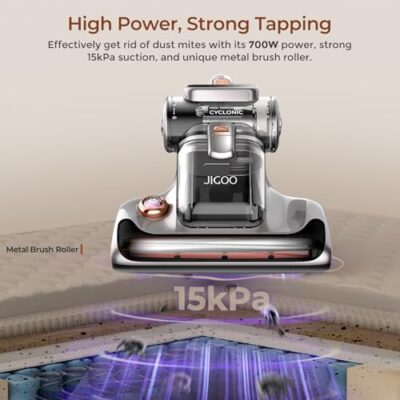 JIGOO Aspirateur Anti Acariens pour Matelas avec Lumière UV, 700W 15kpa Punaise de Lit élimine 99,9%, Affichage LED, 72dB Design Silencieux sans Bruit