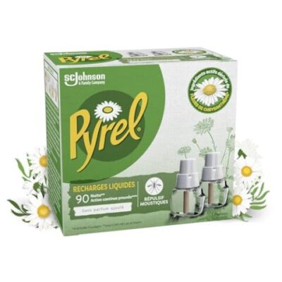 Pyrel Recharge pour diffuseur électrique liquide – répulsif moustiques 90 nuits – sans parfum – 2 recharges à la feuille d’eucalyptus
